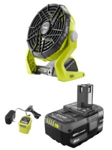 ryobi 18-volt one+ hybrid portable fan with upgraded 4.0 ah lithium-ion battery and charger kit