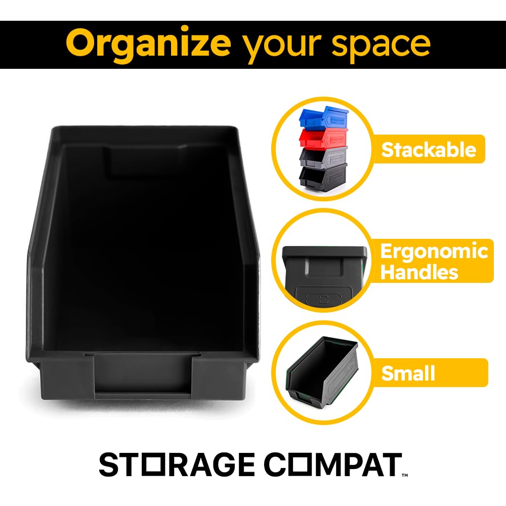 50 Pack Small Storage Bin, Wall Mount Storage, Hanging and Stacking Bin, Freestanding | 7” x 4” x 3” Plastic Container | Black | Zeus 1PLZ06 | StorageCompat