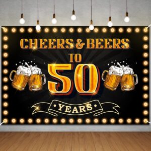 Cheers and Beers to 50 Years Banner Backdrop Happy 50th Birthday Background for Men Women Photography Bday Anniversary Party Sign Decorations Supplies Black and Gold