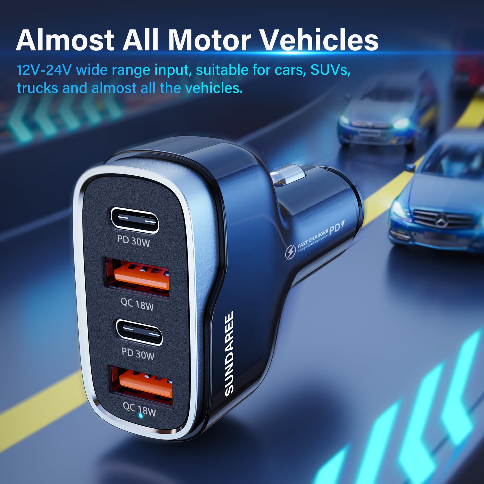 SUNDAREE Super Fast Car Charger, 60W USB Car Charger Multiport, USB C Cigarette Charger Compatible with iPhone 15 Pro Max Plus/14/13/12/11/X iPad Air/Mini 3 Samsung Note 9/S10/S9 and More