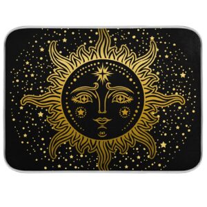 hand drawn gold golden face of the sun stars on black dark kitchen dish drying mat, absorbent microfiber pad drainer, heat-resistant countertops sinks protector with hanging loop 18"x24"