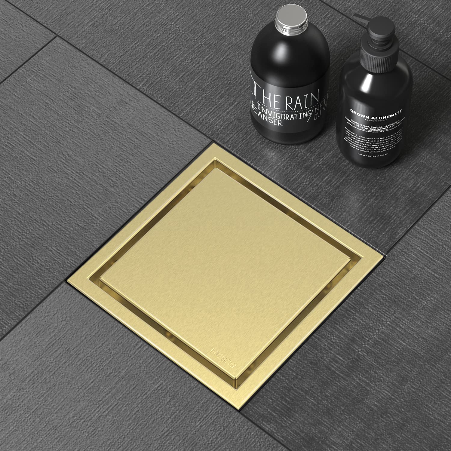 WEBANG 4 Inch Shower Square Drain Gold Floor Drain with Flange Reversible 2-in-1 Cover Tile Insert Grate Removable SUS304 Stainless Steel CUPC Certified Brushed Gold Brass