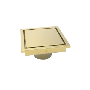 WEBANG 4 Inch Shower Square Drain Gold Floor Drain with Flange Reversible 2-in-1 Cover Tile Insert Grate Removable SUS304 Stainless Steel CUPC Certified Brushed Gold Brass
