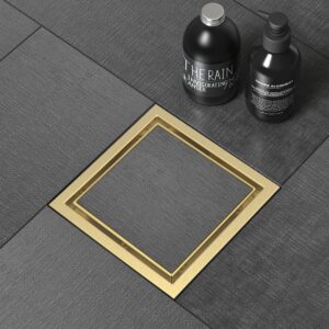 WEBANG 4 Inch Shower Square Drain Gold Floor Drain with Flange Reversible 2-in-1 Cover Tile Insert Grate Removable SUS304 Stainless Steel CUPC Certified Brushed Gold Brass