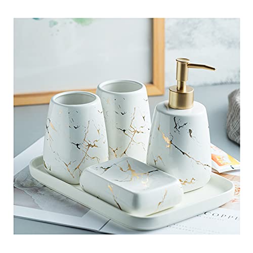 YAYA2021-SHOP Soap Bottles Ceramic Marble Pattern 5-Piece Soap Dispenser Household Bathroom Mouthwash Cup/soap Dish/Tray/Lotion Bottle Bathroom Toiletries Set Soap Dispenser (Color : White)