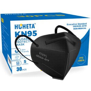 huheta kn95 face masks, packs of 30 black mask, 5-layers mask protection, protective cup dust masks for outdoor indoor use