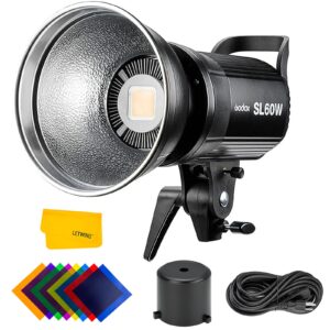 godox sl-60w sl60w cri95+qa>90 5600±300k bowens mount led video light,433mhz grouping system,wirelessly adjust brightness,for video recording wedding outdoor shooting,w/reflector,letwing color filter