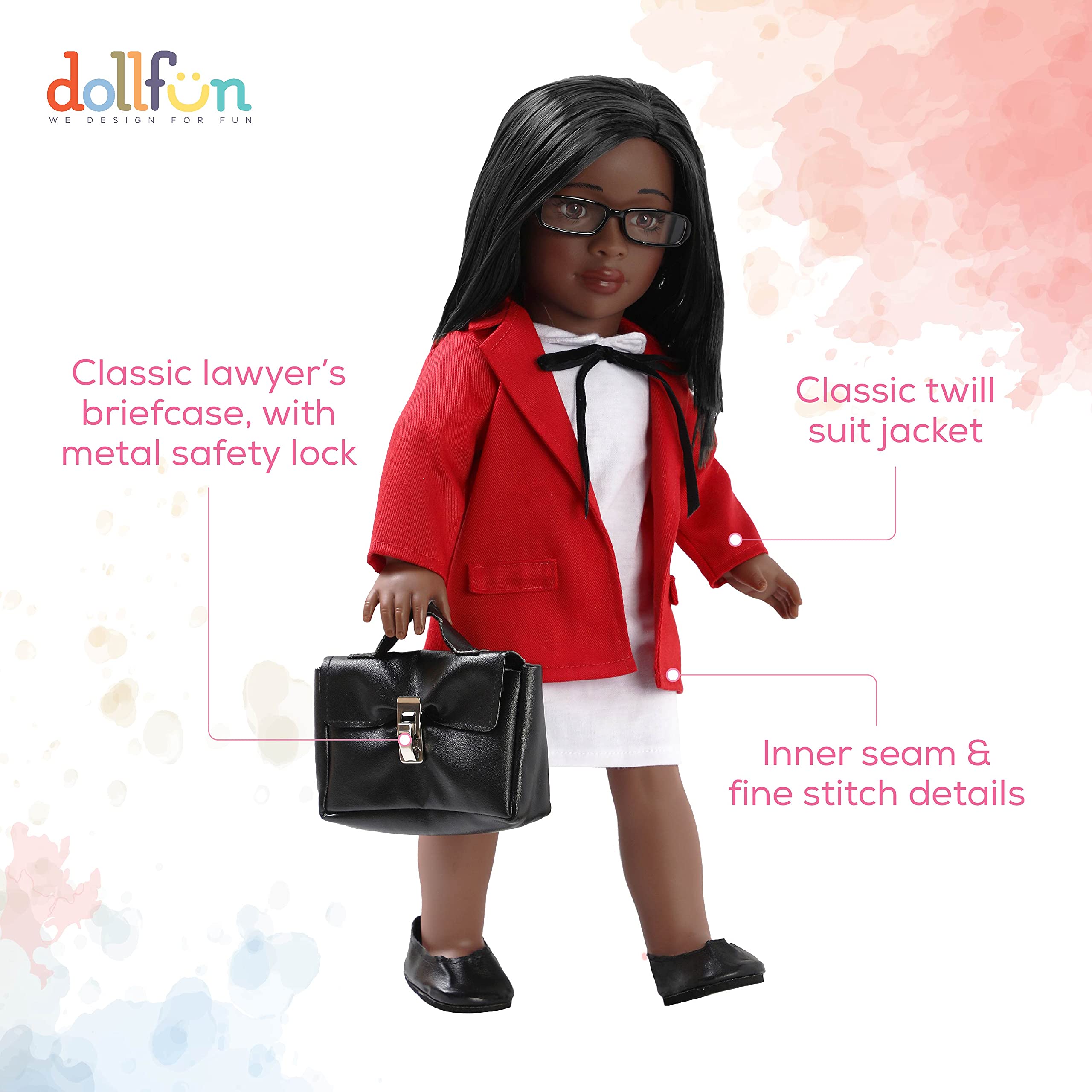 DOLLFUN Career Girls 18 inch Fashion Doll Set Gloria(Lawyer in London) Fashion Dress Up Doll with Hair for Styling, Clothes, Shoes and Accessories. Black Hair and Brown Eyes, African American