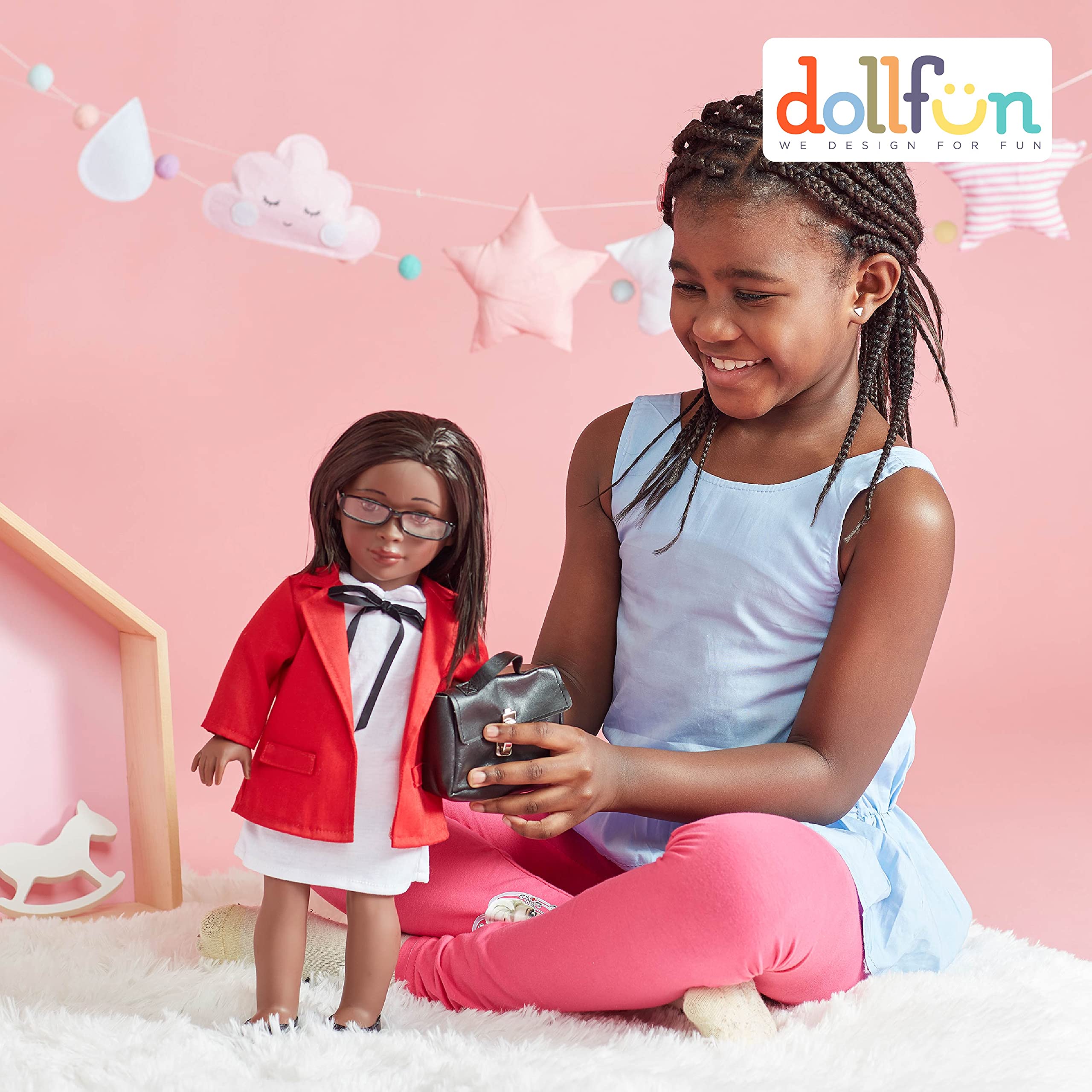 DOLLFUN Career Girls 18 inch Fashion Doll Set Gloria(Lawyer in London) Fashion Dress Up Doll with Hair for Styling, Clothes, Shoes and Accessories. Black Hair and Brown Eyes, African American