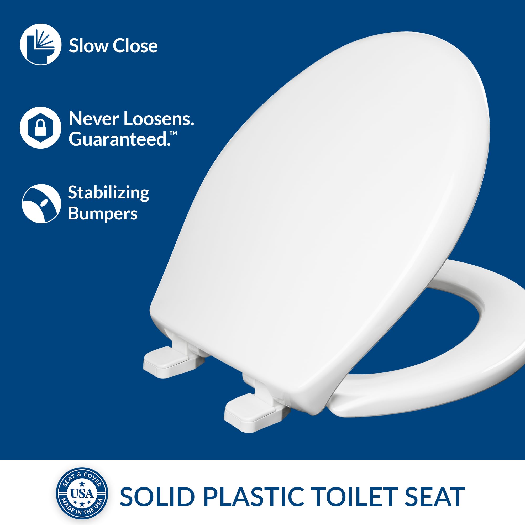 MAYFAIR 8100SL 000 Collins Slow Close Plastic Toilet Seat that will Never Loosen, with Super Grip Bumpers, ROUND, Long Lasting Solid Plastic, White