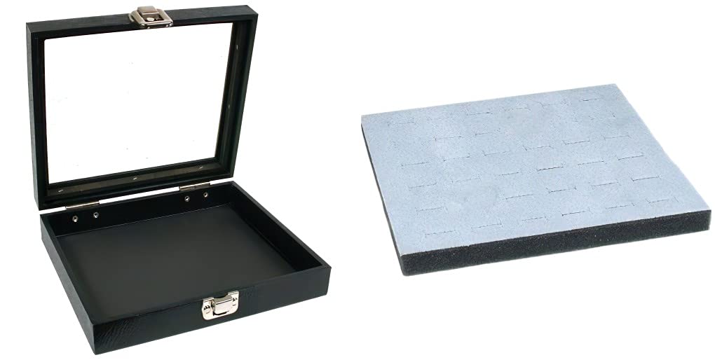 Black Sqaure Glass-top Case (Single Metal Latch) w/ 1 Tray Insert (Gray 36-Slot Foam Insert)