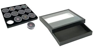 black square case (glass-top removable lid) w/ 1 tray insert (black foam 12 gem jar insert)
