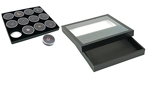 Black Square Case (Glass-top Removable Lid) w/ 1 Tray Insert (Black Foam 12 Gem Jar Insert)