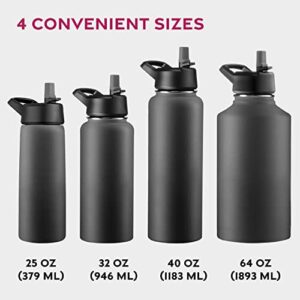 FineDine Triple Walled, Insulated Water Bottles with Straw - 32 Oz Stainless Steel Metal Bottle W/ 3 Leak Proof Lids - For Travel, School, Sports, Gym/Men, Women & Kids - Inky Raven Black