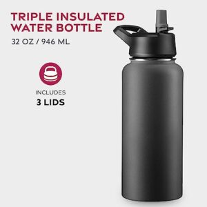 FineDine Triple Walled, Insulated Water Bottles with Straw - 32 Oz Stainless Steel Metal Bottle W/ 3 Leak Proof Lids - For Travel, School, Sports, Gym/Men, Women & Kids - Inky Raven Black