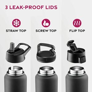 FineDine Triple Walled, Insulated Water Bottles with Straw - 32 Oz Stainless Steel Metal Bottle W/ 3 Leak Proof Lids - For Travel, School, Sports, Gym/Men, Women & Kids - Inky Raven Black