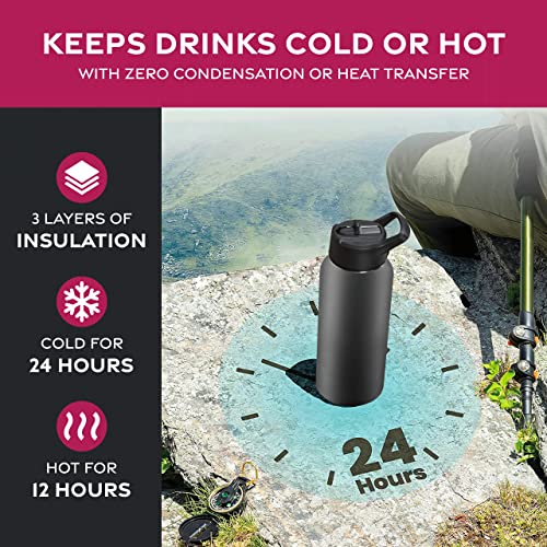 FineDine Triple Walled, Insulated Water Bottles with Straw - 32 Oz Stainless Steel Metal Bottle W/ 3 Leak Proof Lids - For Travel, School, Sports, Gym/Men, Women & Kids - Inky Raven Black