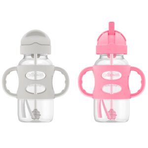 dr. brown's milestones wide-neck sippy straw bottle with 100% silicone handles and weighted straw, 9 oz/270 ml, gray & pink, 6m+