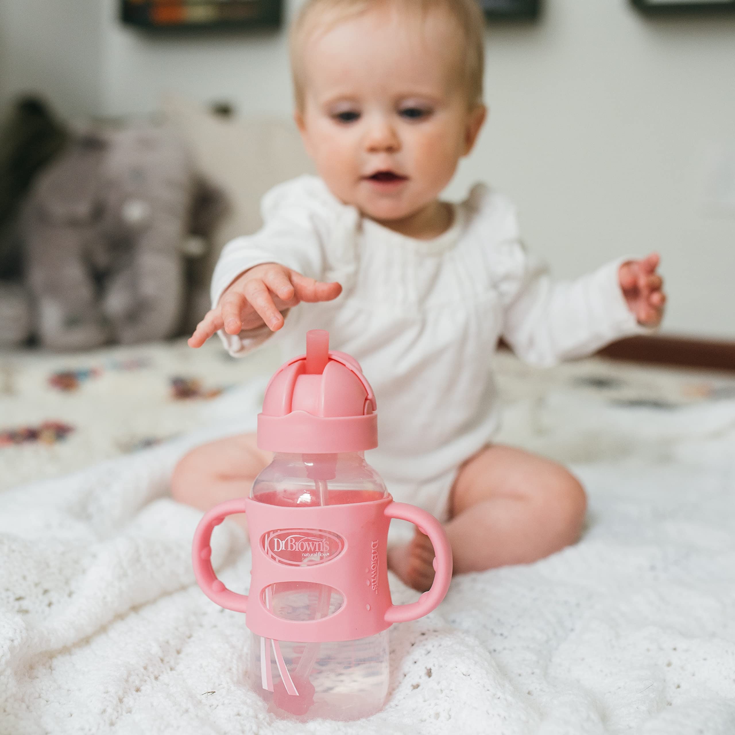 Dr. Brown's Milestones Wide-Neck Sippy Straw Bottle with 100% Silicone Handles and Weighted Straw, 9 oz/270 mL, Gray & Pink, 6m+