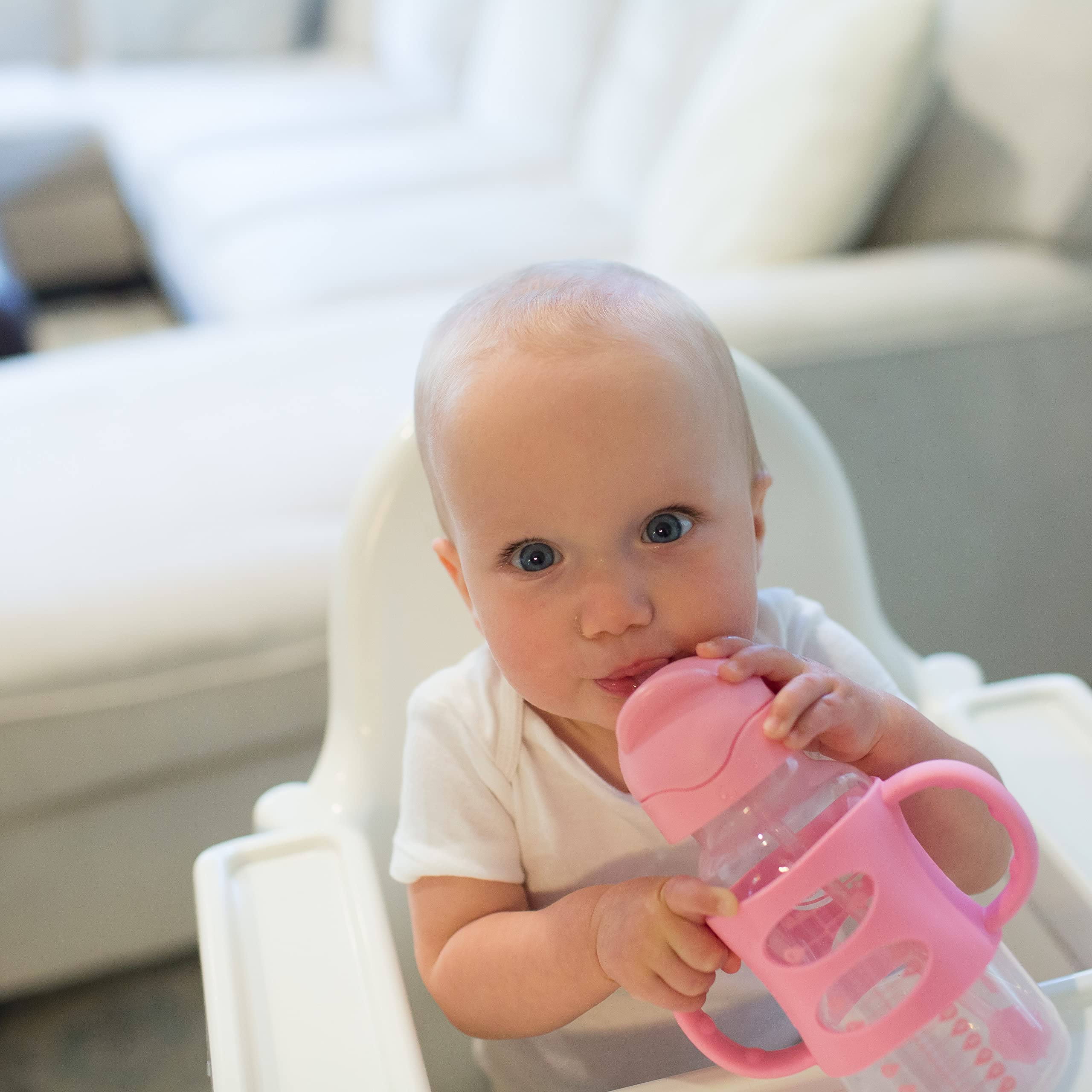 Dr. Brown's Milestones Wide-Neck Sippy Straw Bottle with 100% Silicone Handles and Weighted Straw, 9 oz/270 mL, Gray & Pink, 6m+