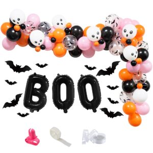 100pcs halloween balloon arch garland kit,pink black orange halloween balloons arch with boo foil balloons,skull balloons,bats wall stickers for halloween theme party,halloween day party decorations