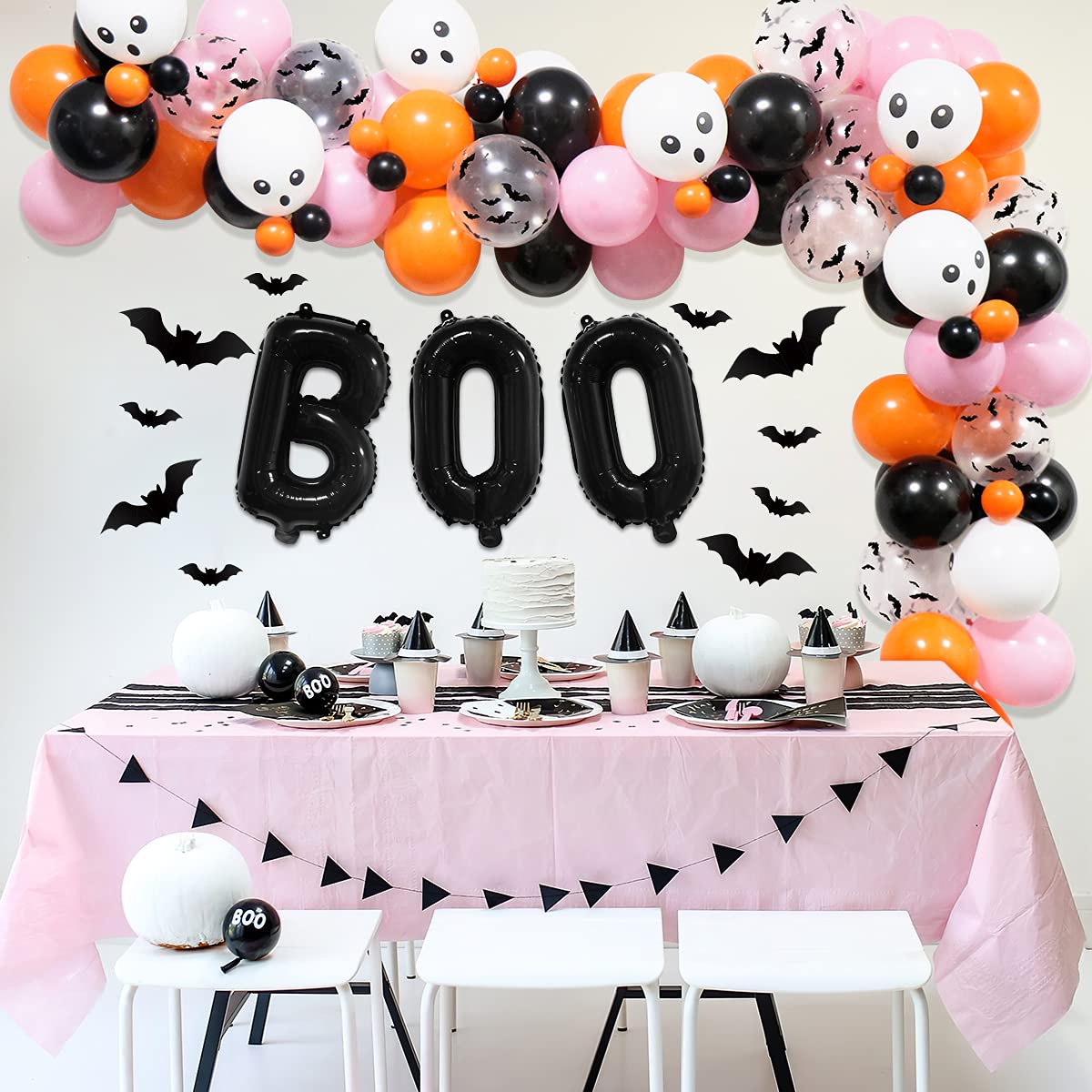 100Pcs Halloween Balloon Arch Garland Kit,Pink Black Orange Halloween Balloons Arch with BOO Foil Balloons,Skull Balloons,Bats Wall Stickers for Halloween Theme Party,Halloween Day Party Decorations