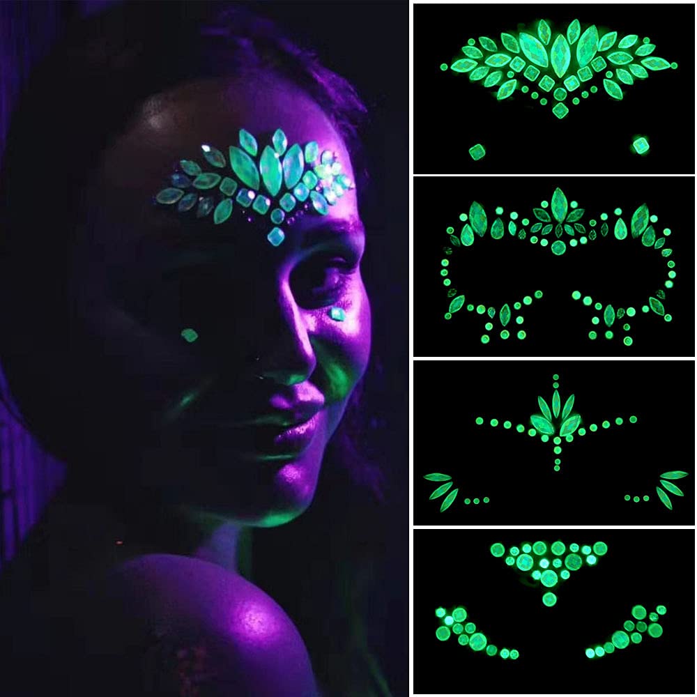 Luminous Face Gems Tattoo Stickers Body Jewelry Glow in the Dark Fluorescent Face Rhinestone Tattoo Noctilucent Temporary Tattoo Sparkly DIY Jewel Paste for Halloween Christmas Festival Makeup(4 Sets)