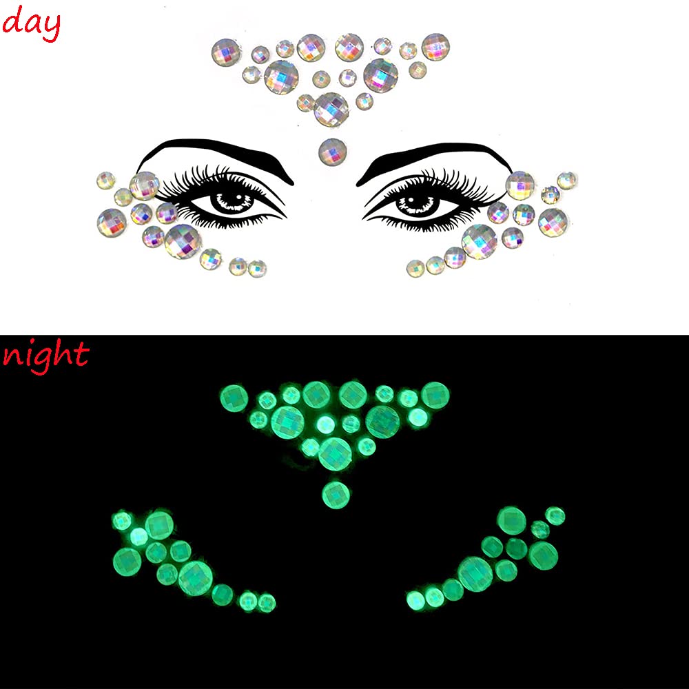 Luminous Face Gems Tattoo Stickers Body Jewelry Glow in the Dark Fluorescent Face Rhinestone Tattoo Noctilucent Temporary Tattoo Sparkly DIY Jewel Paste for Halloween Christmas Festival Makeup(4 Sets)