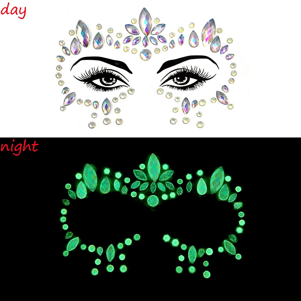 Luminous Face Gems Tattoo Stickers Body Jewelry Glow in the Dark Fluorescent Face Rhinestone Tattoo Noctilucent Temporary Tattoo Sparkly DIY Jewel Paste for Halloween Christmas Festival Makeup(4 Sets)