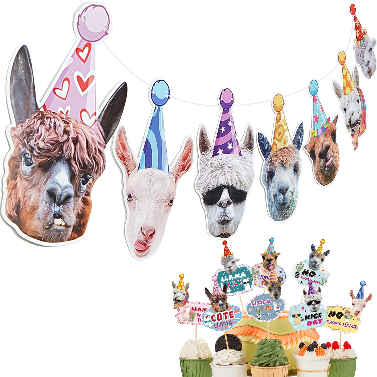 Llama Birthday Garland Funny Alpaca Face Portrait Bunting Banner 24 pcs Llama Cactus Cake Cupcake Topper Hilarious Mexican Bday Party Decoration Baby Shower Supplies