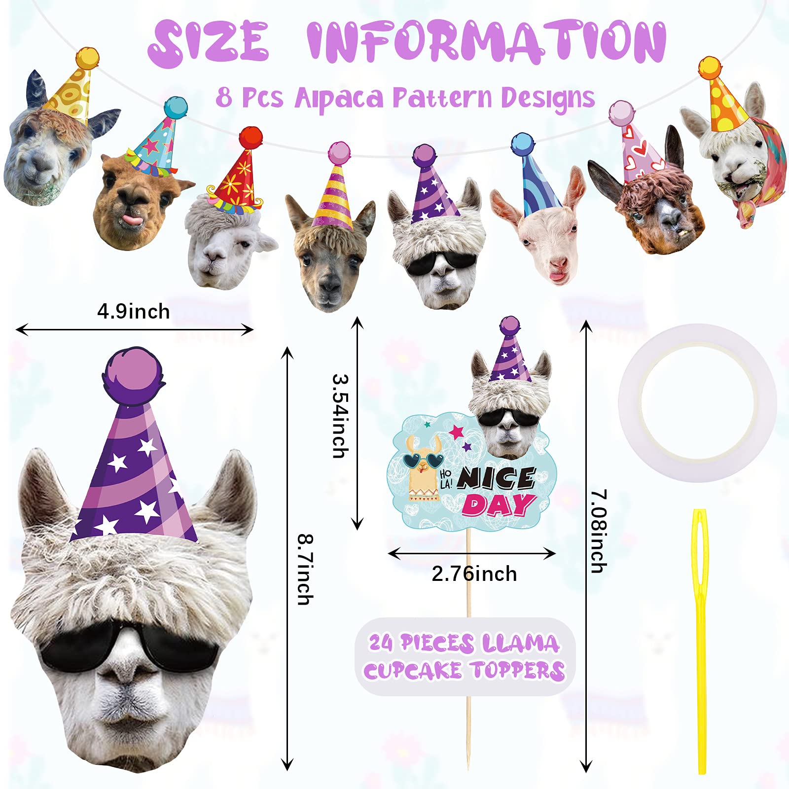 Llama Birthday Garland Funny Alpaca Face Portrait Bunting Banner 24 pcs Llama Cactus Cake Cupcake Topper Hilarious Mexican Bday Party Decoration Baby Shower Supplies