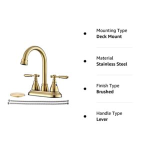 Brushed Gold Bathroom Faucet with Pop-up Drain Assembly, 2 Handles Centerset Bathroom Sink Faucet 4 Inch with 360° Swivel Spout, Stainless Steel Faucet for Bathroom Sink with Water Supply Lines