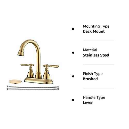 Brushed Gold Bathroom Faucet with Pop-up Drain Assembly, 2 Handles Centerset Bathroom Sink Faucet 4 Inch with 360° Swivel Spout, Stainless Steel Faucet for Bathroom Sink with Water Supply Lines