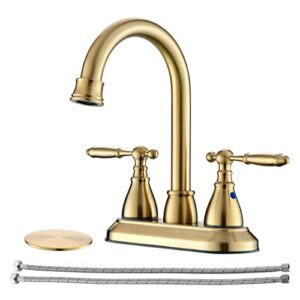 brushed gold bathroom faucet with pop-up drain assembly, 2 handles centerset bathroom sink faucet 4 inch with 360° swivel spout, stainless steel faucet for bathroom sink with water supply lines