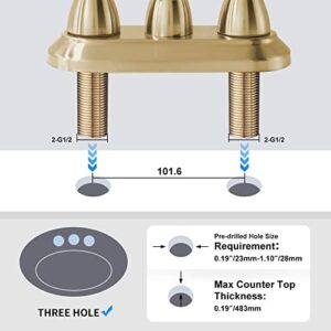 Brushed Gold Bathroom Faucet with Pop-up Drain Assembly, 2 Handles Centerset Bathroom Sink Faucet 4 Inch with 360° Swivel Spout, Stainless Steel Faucet for Bathroom Sink with Water Supply Lines