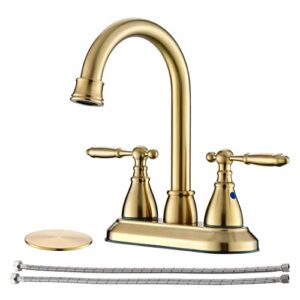 Brushed Gold Bathroom Faucet with Pop-up Drain Assembly, 2 Handles Centerset Bathroom Sink Faucet 4 Inch with 360° Swivel Spout, Stainless Steel Faucet for Bathroom Sink with Water Supply Lines