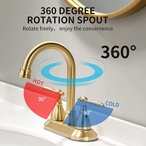 Brushed Gold Bathroom Faucet with Pop-up Drain Assembly, 2 Handles Centerset Bathroom Sink Faucet 4 Inch with 360° Swivel Spout, Stainless Steel Faucet for Bathroom Sink with Water Supply Lines