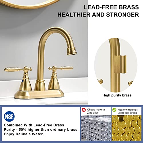 Brushed Gold Bathroom Faucet with Pop-up Drain Assembly, 2 Handles Centerset Bathroom Sink Faucet 4 Inch with 360° Swivel Spout, Stainless Steel Faucet for Bathroom Sink with Water Supply Lines