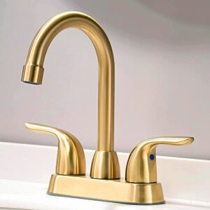 bathroom sink faucet with pop-up drain assembly, brushed gold bathroom faucet 2-handle for 4 inch sink，modern centerset bathroom faucet with supply hose lead-free