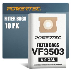 powertec shop vacuum bags 10pk for ridgid vf3503 & workshop ws32090f2 vacuum bags, replacement filter bags for ridgid rt0600 & workshop 6-9 gallon wet/dry vac, shop vacuum accessories for ridgid