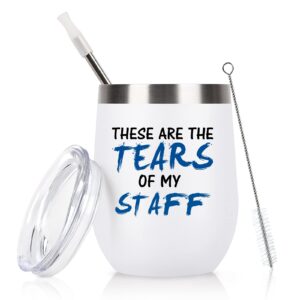 qtencas bosses day gift, these are the tears of my staff funny wine tumbler, bosses gift for bosses employees workers friends coworker men women, boss insulated tumbler for christmas(12oz, white)