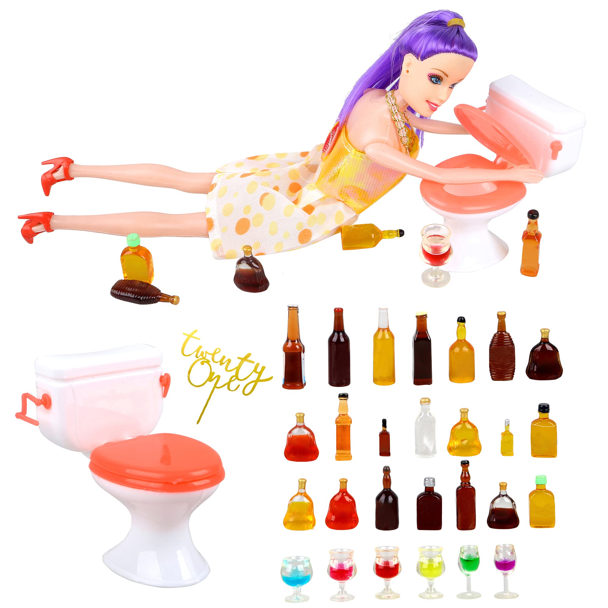 30 PCS 21 Styles Mini Wine Bottles Cake Toppers With 6 Mini Wine Glasses 1 Plastic Miniature Toilet Toy 1 Beauty Doll 21st Birthday Cake Topper for Celebrating Birthday 21 and Up Girl Party