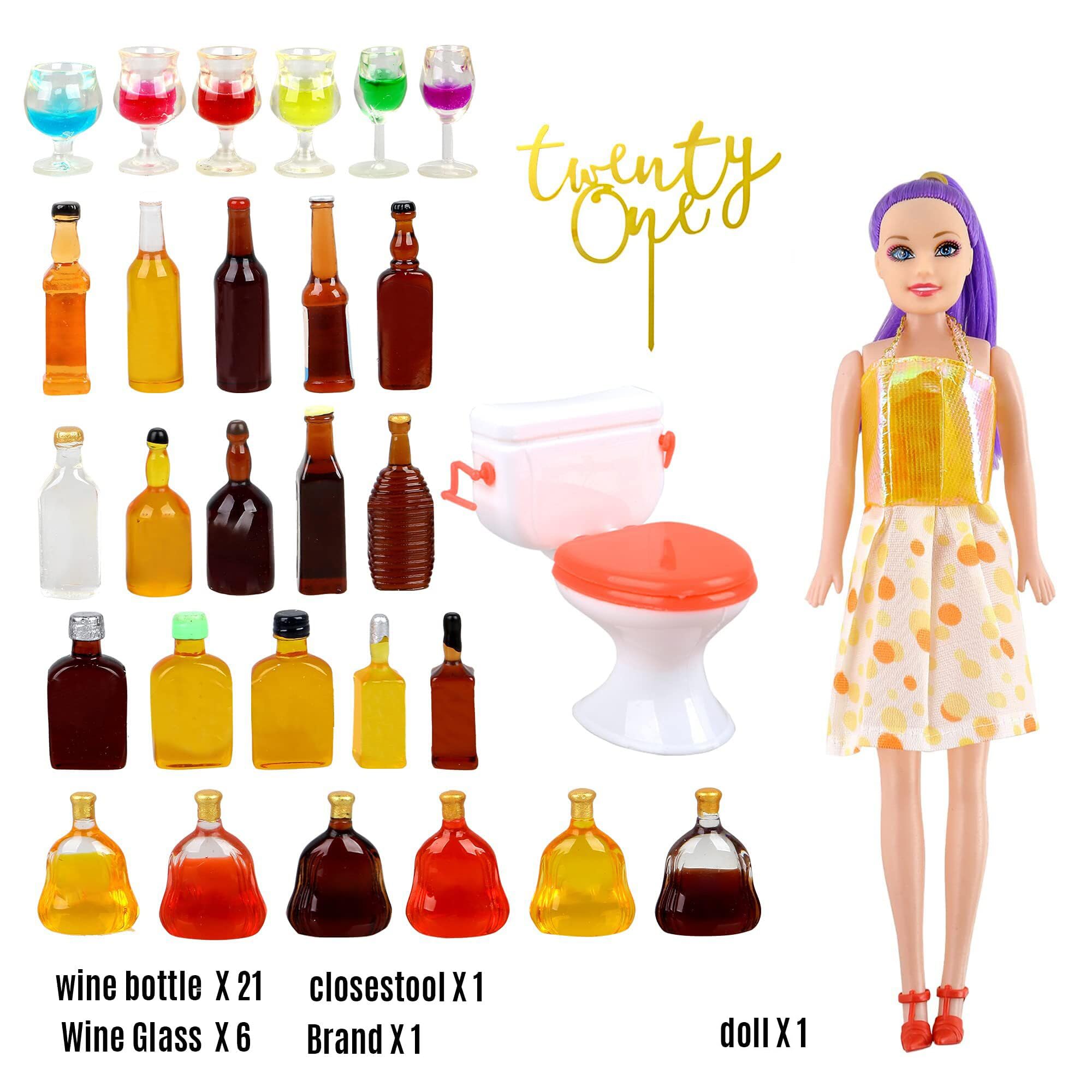 30 PCS 21 Styles Mini Wine Bottles Cake Toppers With 6 Mini Wine Glasses 1 Plastic Miniature Toilet Toy 1 Beauty Doll 21st Birthday Cake Topper for Celebrating Birthday 21 and Up Girl Party