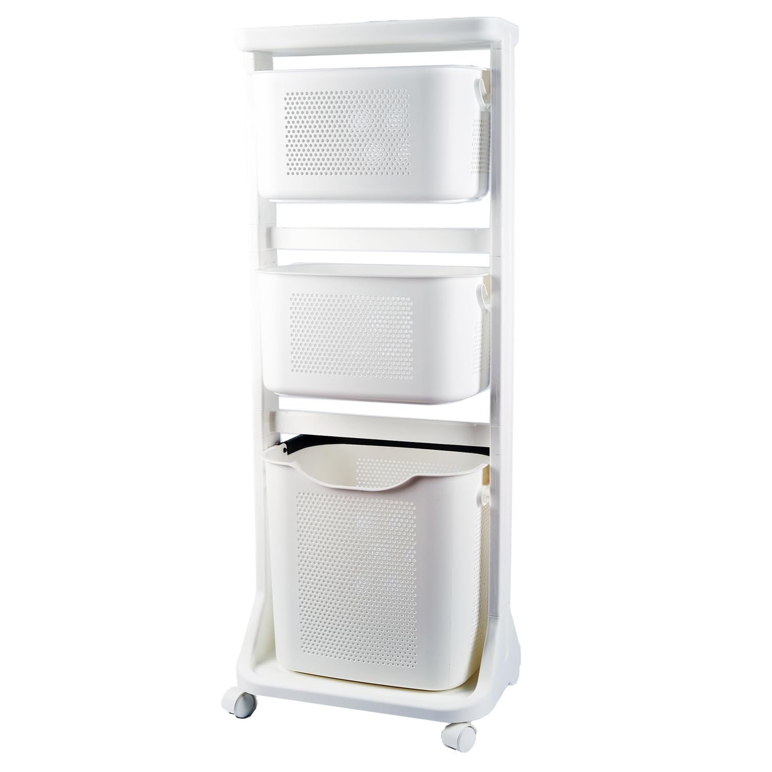 3-Portable Basket Rolling Cart with Top Shelf | Rolling Laundry Cart | Storage Organizer, White