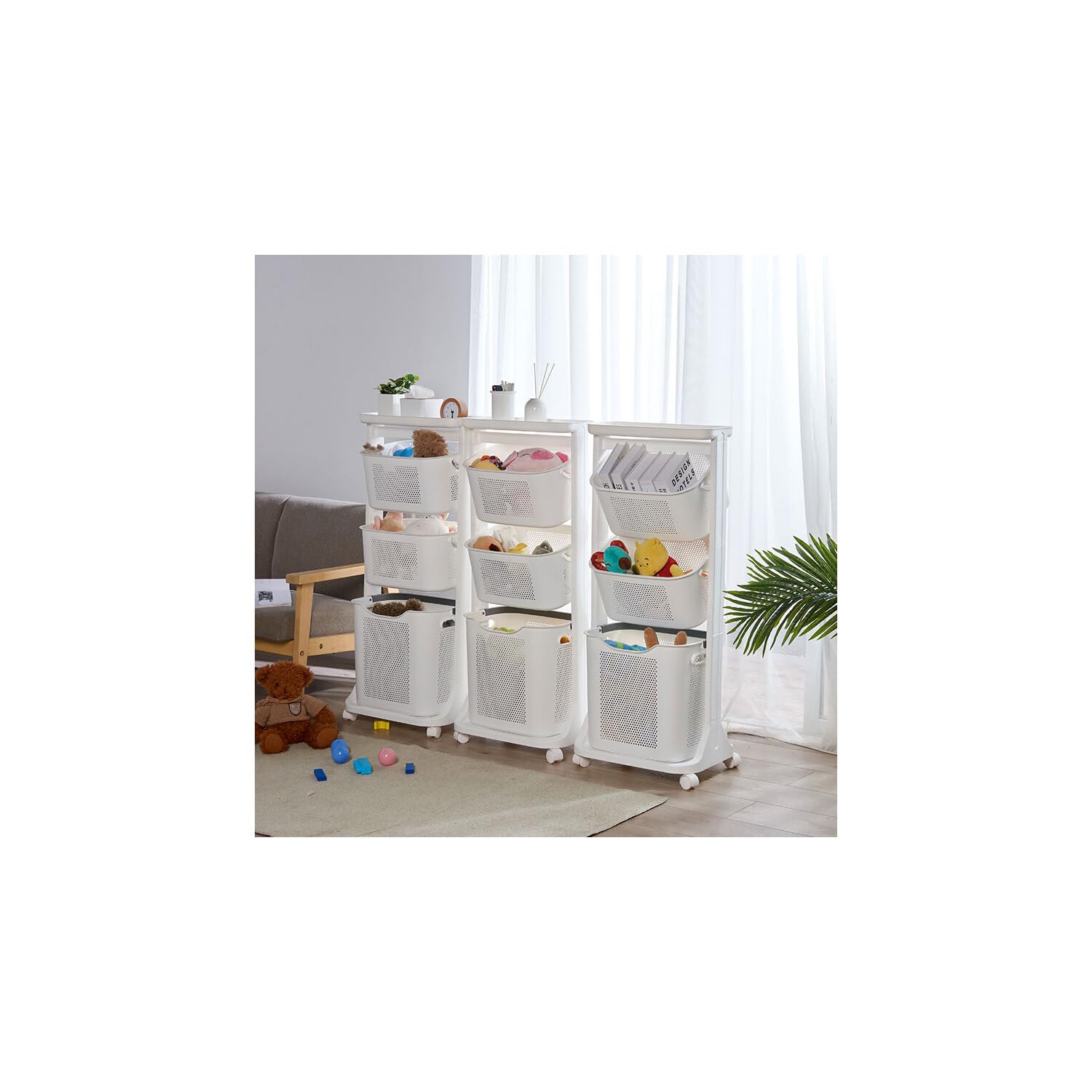 3-Portable Basket Rolling Cart with Top Shelf | Rolling Laundry Cart | Storage Organizer, White