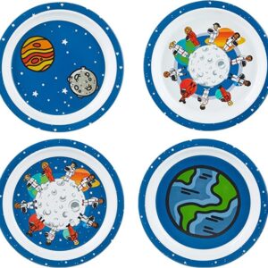 4 Piece Kid Space Themed Plate Set, 4 Plates With Different Designs, Lightweight & Shatterproof Toddler Feeding Set, Children Safe Kitchen Set, Fun Mealtime, LIttle Kid Dinner Plates