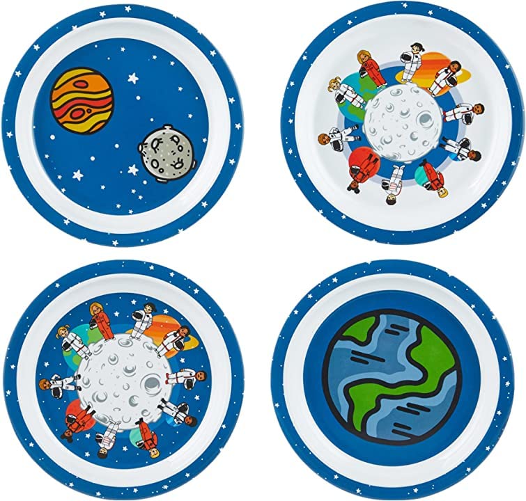 4 Piece Kid Space Themed Plate Set, 4 Plates With Different Designs, Lightweight & Shatterproof Toddler Feeding Set, Children Safe Kitchen Set, Fun Mealtime, LIttle Kid Dinner Plates