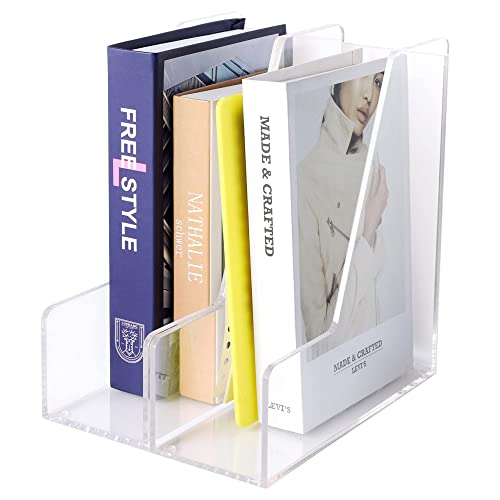 HeZone Magazine Holder, Clear Acrylic Desk Organizers, File Organizer for Desk, Magazine Rack- Desktop Book Storage -Independent Vertical 1 Space-2 Pack