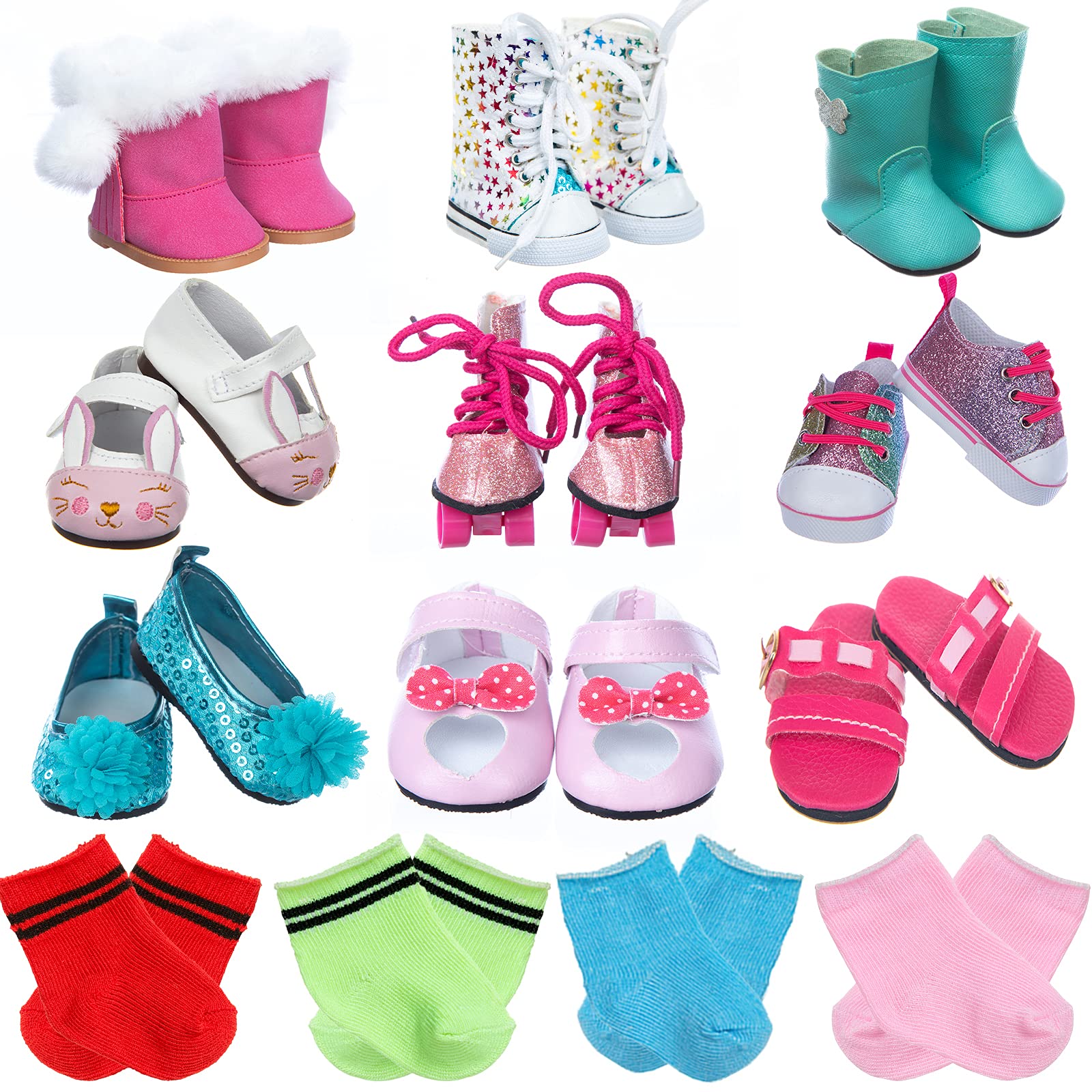 BDDOLL 9 Pairs 18 Inch Girl Doll Shoes and 4 Pairs Socks Accessories for 18 Inch Doll - Including Roller Skates Casual Shoes Princess Shoes Cotton Shoes