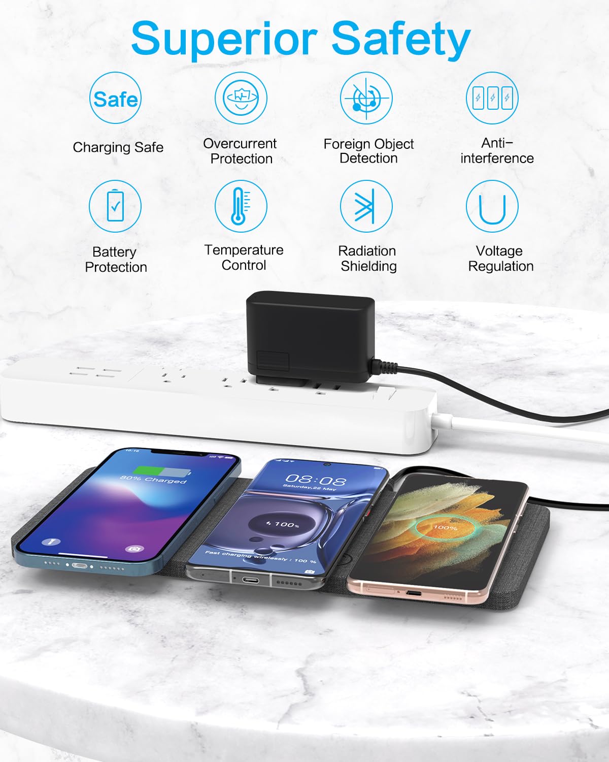 Wireless Charging Pad, ZealSound Ultra-Slim Triple Wireless Charger Station for Multiple 3 Devices & New Airpods Ultra Slim PU Leather Wireless Charging Mat W/AC Adapter for Smartphone Phone (Gray)